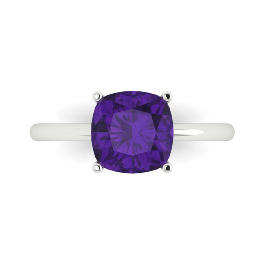 2.5 cttw Natural Amethyst Solitaire  Engagement Ring - Solid White Gold (VVS1, Cushion Cut,8mm)