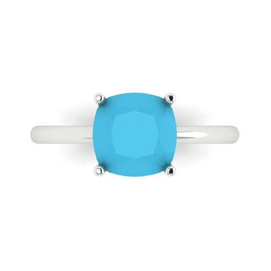 2.5 cttw Simulated Turquoise Solitaire  Engagement Ring - Solid White Gold (VVS1, Cushion Cut,8mm)