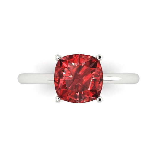 2.5 cttw Natural Garnet Solitaire  Engagement Ring - Solid White Gold (VVS1, Cushion Cut,8mm)