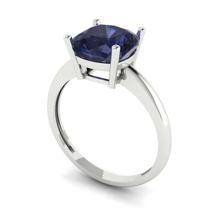 2.5 cttw Simulated Blue Sapphire Solitaire  Engagement Ring - Solid Gold (Cushion Cut,8mm)