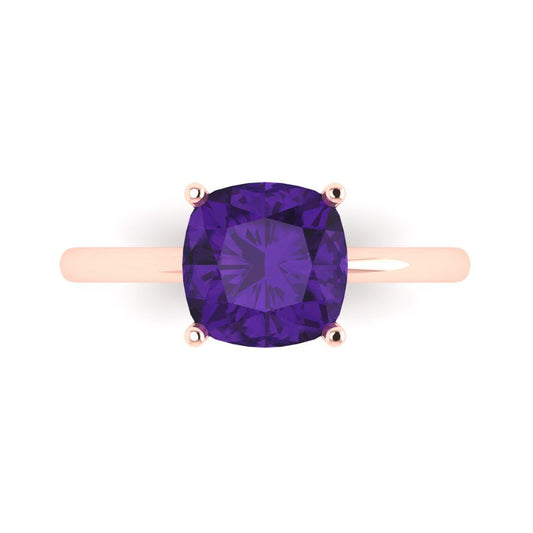 2.5 cttw Natural Amethyst Solitaire  Engagement Ring - Solid Rose Gold (VVS1, Cushion Cut,8mm)