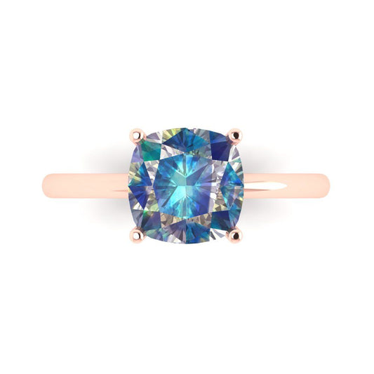 2.5 cttw Blue Moissanite Solitaire  Engagement Ring - Solid Rose Gold (VVS1, Cushion Cut,8mm)