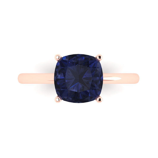 2.5 cttw Simulated Blue Sapphire Solitaire  Engagement Ring - Solid Rose Gold (VVS1, Cushion Cut,8mm)