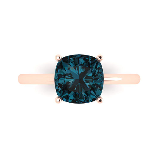 2.5 cttw Natural London Blue Topaz Solitaire  Engagement Ring - Solid Rose Gold (VVS1, Cushion Cut,8mm)