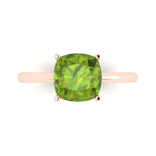 2.5 cttw Natural Peridot Solitaire  Engagement Ring - Solid Rose Gold (VVS1, Cushion Cut,8mm)