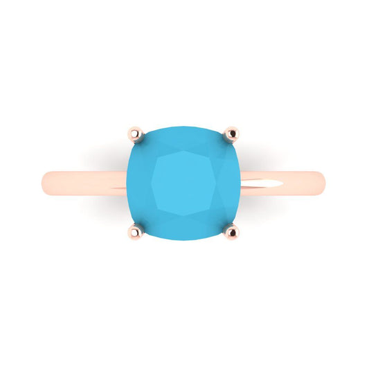 2.5 cttw Simulated Turquoise Solitaire  Engagement Ring - Solid Rose Gold (VVS1, Cushion Cut,8mm)