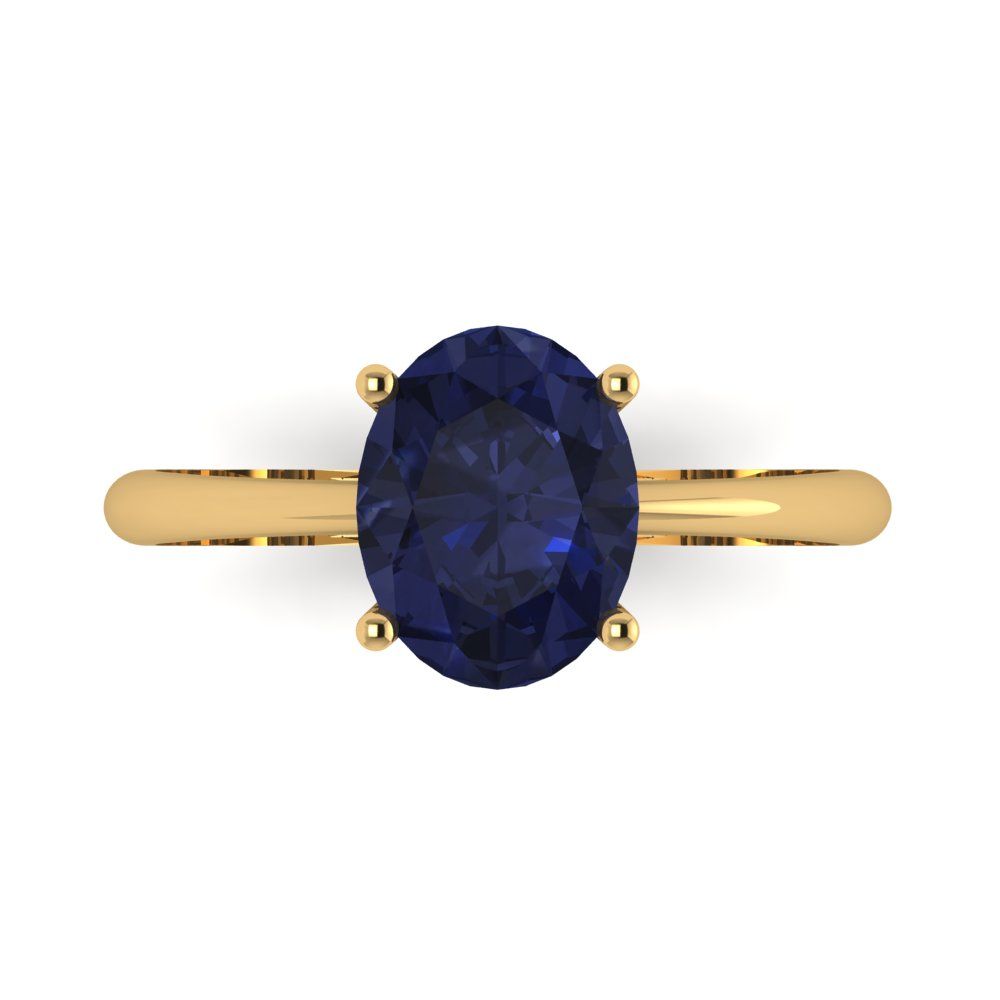 2 cttw Simulated Blue Sapphire Solitaire  Engagement Ring - Solid Yellow Gold (VVS1, Oval Cut,9x7mm)