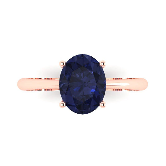 2 cttw Simulated Blue Sapphire Solitaire  Engagement Ring - Solid Rose Gold (VVS1, Oval Cut,9x7mm)
