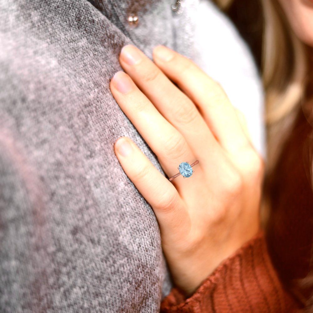 2 cttw Natural Aquamarine Solitaire  Engagement Ring - Solid Gold (Oval Cut,9x7mm)