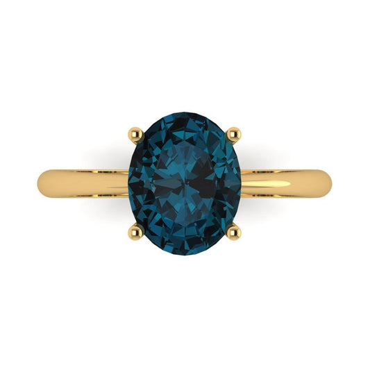 2.5 cttw Natural London Blue Topaz Solitaire  Engagement Ring - Solid Yellow Gold (VVS1, Oval Cut,9.5x7.5mm)