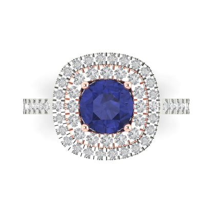 1.615 cttw Simulated Tanzanite Solitaire with Zirconia Simulated Diamond Accents Engagement Ring - Solid White/Rose Gold (VVS1, Round Cut,6.5mm)
