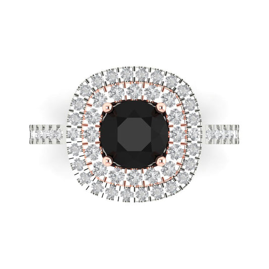 1.615 cttw Natural Onyx Solitaire with Zirconia Simulated Diamond Accents Engagement Ring - Solid White/Rose Gold (VVS1, Round Cut,6.5mm)