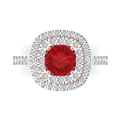 1.615 cttw Simulated Ruby Solitaire with Zirconia Simulated Diamond Accents Engagement Ring - Solid Gold (Round Cut,6.5mm)
