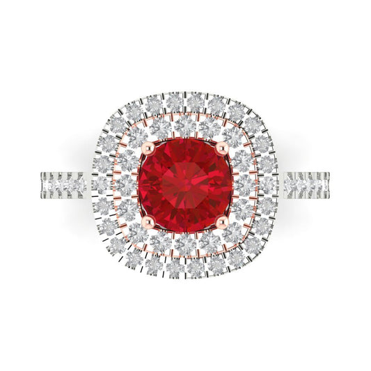 1.615 cttw Simulated Ruby Solitaire with Zirconia Simulated Diamond Accents Engagement Ring - Solid White/Rose Gold (VVS1, Round Cut,6.5mm)