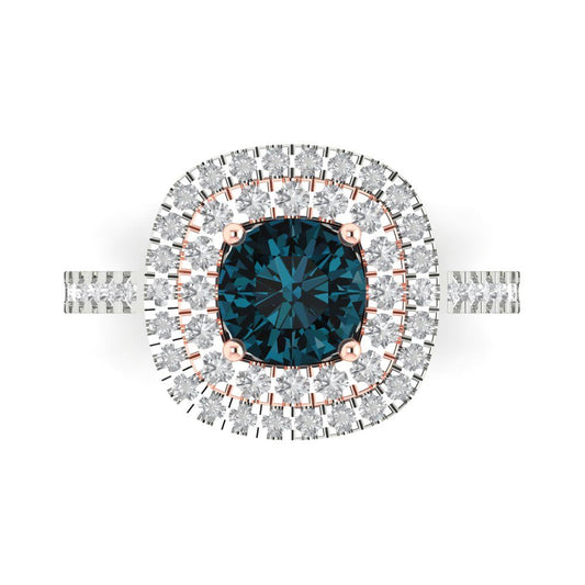 1.615 cttw Natural London Blue Topaz Solitaire with Zirconia Simulated Diamond Accents Engagement Ring - Solid White/Rose Gold (VVS1, Round Cut,6.5mm)