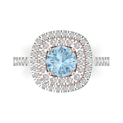 1.615 cttw Natural Swiss Blue Topaz Solitaire with Zirconia Simulated Diamond Accents Engagement Ring - Solid White/Rose Gold (VVS1, Round Cut,6.5mm)