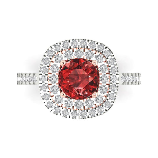 1.615 cttw Natural Garnet Solitaire with Zirconia Simulated Diamond Accents Engagement Ring - Solid White/Rose Gold (VVS1, Round Cut,6.5mm)