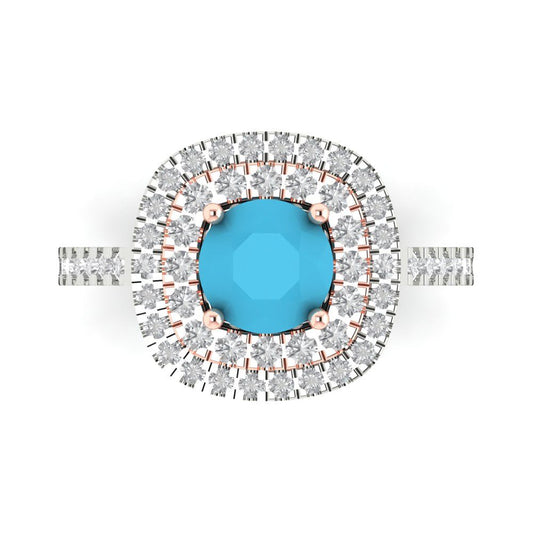1.615 cttw Simulated Turquoise Solitaire with Zirconia Simulated Diamond Accents Engagement Ring - Solid White/Rose Gold (VVS1, Round Cut,6.5mm)