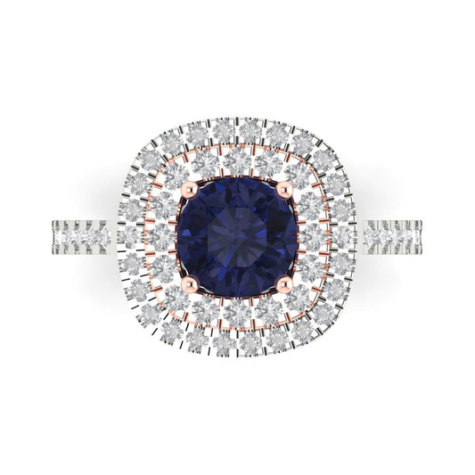 1.615 cttw Simulated Blue Sapphire Solitaire with Zirconia Simulated Diamond Accents Engagement Ring - Solid White/Rose Gold (VVS1, Round Cut,6.5mm)