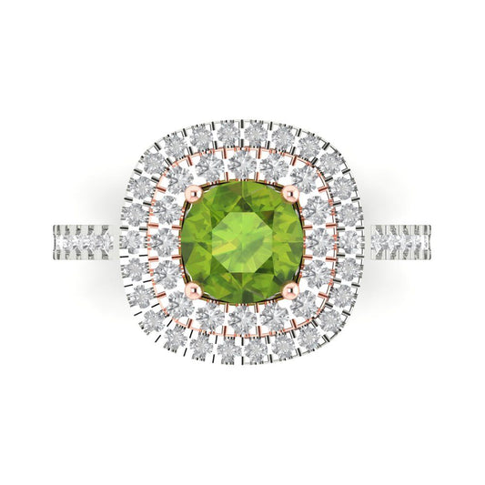 1.615 cttw Natural Peridot Solitaire with Zirconia Simulated Diamond Accents Engagement Ring - Solid White/Rose Gold (VVS1, Round Cut,6.5mm)