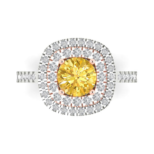 1.615 cttw Natural Citrine Solitaire with Zirconia Simulated Diamond Accents Engagement Ring - Solid White/Rose Gold (VVS1, Round Cut,6.5mm)