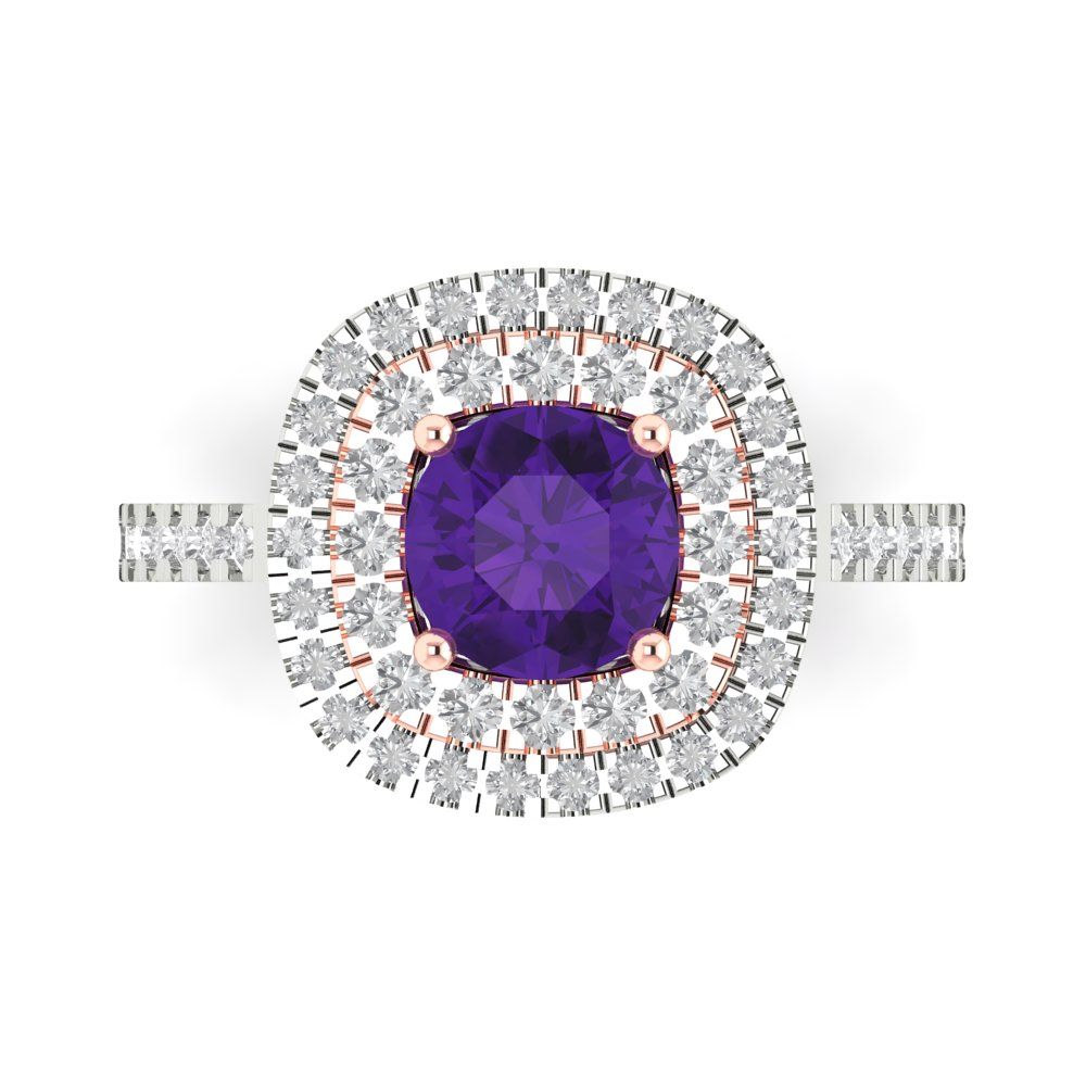 1.615 cttw Natural Amethyst Solitaire with Zirconia Simulated Diamond Accents Engagement Ring - Solid Gold (Round Cut,6.5mm)
