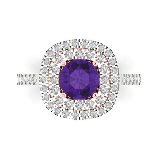 1.615 cttw Natural Amethyst Solitaire with Zirconia Simulated Diamond Accents Engagement Ring - Solid White/Rose Gold (VVS1, Round Cut,6.5mm)