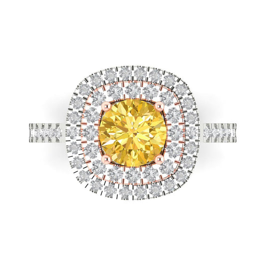 1.615 cttw Zirconia Simulated Yellow Diamond Solitaire with Zirconia Simulated Diamond Accents Engagement Ring - Solid White/Rose Gold (VVS1, Round Cut,6.5mm)