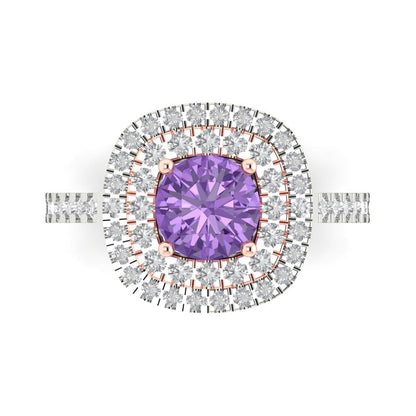 1.615 cttw Simulated Alexandrite Solitaire with Zirconia Simulated Diamond Accents Engagement Ring - Solid White/Rose Gold (VVS1, Round Cut,6.5mm)