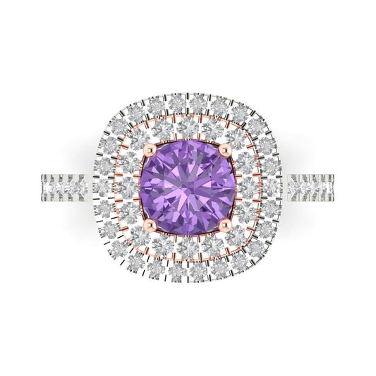 1.615 cttw Simulated Alexandrite Solitaire with Zirconia Simulated Diamond Accents Engagement Ring - Solid White/Rose Gold (VVS1, Round Cut,6.5mm)