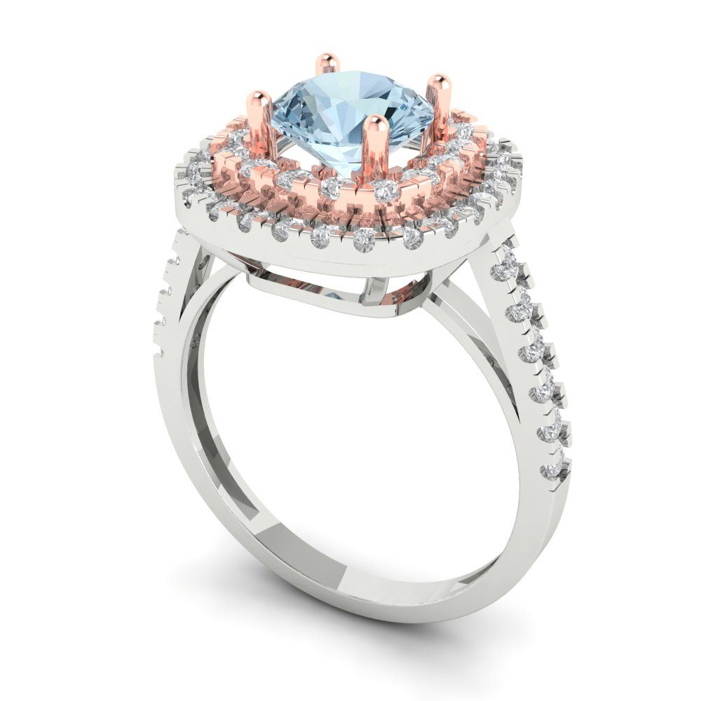 1.615 cttw Natural Swiss Blue Topaz Solitaire with Zirconia Simulated Diamond Accents Engagement Ring - Solid White/Rose Gold (VVS1, Round Cut,6.5mm)