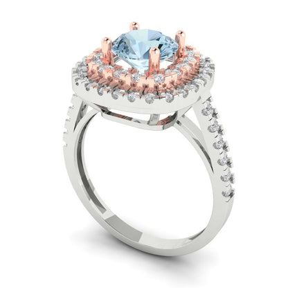 1.615 cttw Natural Swiss Blue Topaz Solitaire with Zirconia Simulated Diamond Accents Engagement Ring - Solid White/Rose Gold (VVS1, Round Cut,6.5mm)