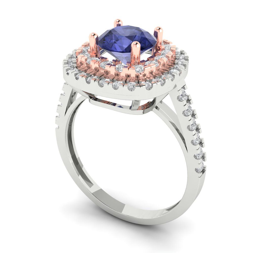 1.615 cttw Simulated Tanzanite Solitaire with Zirconia Simulated Diamond Accents Engagement Ring - Solid White/Rose Gold (VVS1, Round Cut,6.5mm)