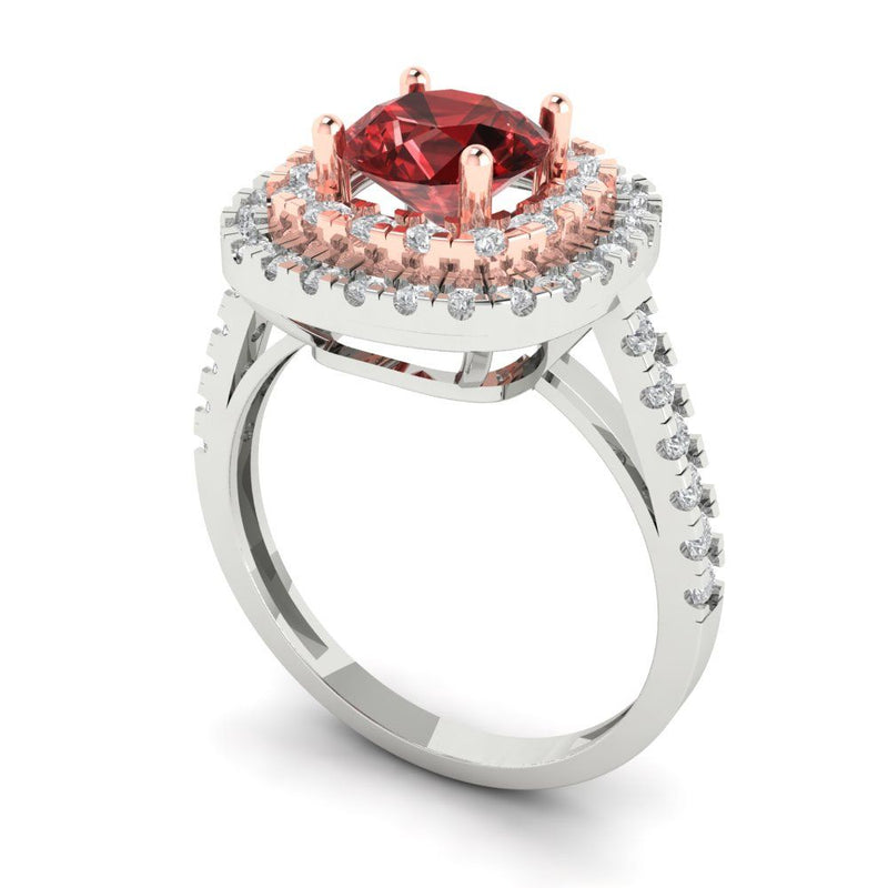 1.75 ct Brilliant Round Cut Natural Garnet Stone White/Rose Gold Halo Solitaire with Accents Ring