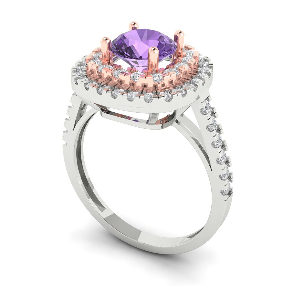 1.615 cttw Simulated Alexandrite Solitaire with Zirconia Simulated Diamond Accents Engagement Ring - Solid White/Rose Gold (VVS1, Round Cut,6.5mm)