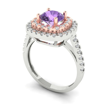 1.615 cttw Simulated Alexandrite Solitaire with Zirconia Simulated Diamond Accents Engagement Ring - Solid White/Rose Gold (VVS1, Round Cut,6.5mm)