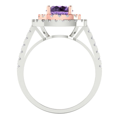1.615 cttw Simulated Alexandrite Solitaire with Zirconia Simulated Diamond Accents Engagement Ring - Solid White/Rose Gold (VVS1, Round Cut,6.5mm)