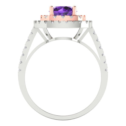 1.615 cttw Natural Amethyst Solitaire with Zirconia Simulated Diamond Accents Engagement Ring - Solid Gold (Round Cut,6.5mm)
