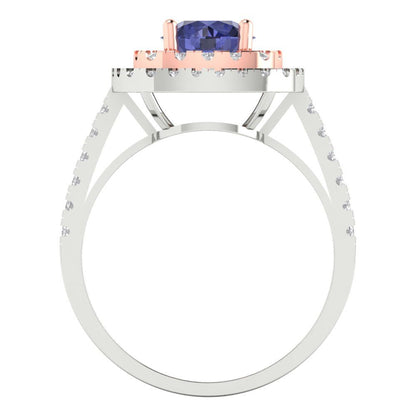 1.615 cttw Simulated Tanzanite Solitaire with Zirconia Simulated Diamond Accents Engagement Ring - Solid White/Rose Gold (VVS1, Round Cut,6.5mm)