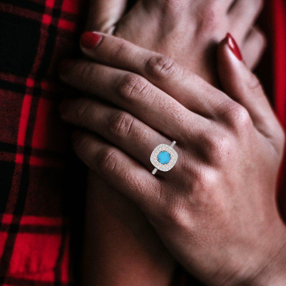 1.615 cttw Simulated Turquoise Solitaire with Zirconia Simulated Diamond Accents Engagement Ring - Solid Gold (Round Cut,6.5mm)