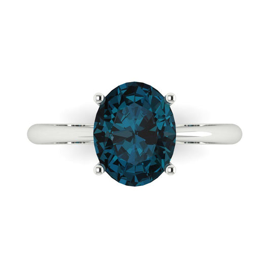 2.5 cttw Natural London Blue Topaz Solitaire  Engagement Ring - Solid White Gold (VVS1, Oval Cut,9.5x7.5mm)