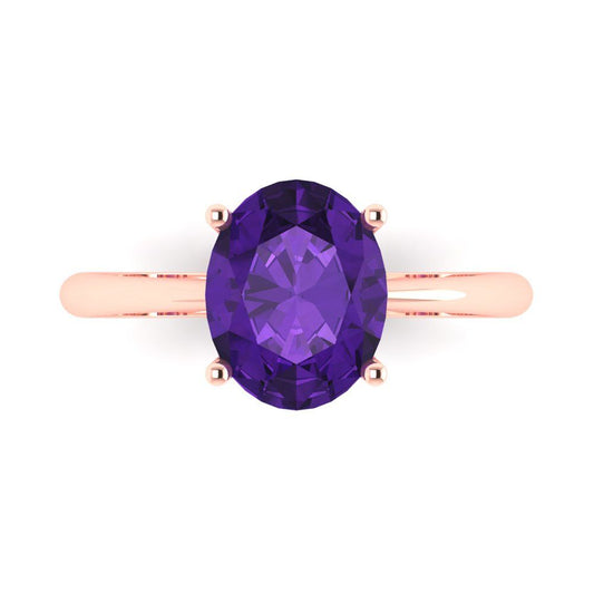 2.5 cttw Natural Amethyst Solitaire  Engagement Ring - Solid Rose Gold (VVS1, Oval Cut,9.5x7.5mm)