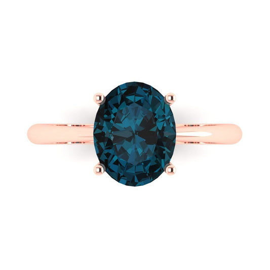 2.5 cttw Natural London Blue Topaz Solitaire  Engagement Ring - Solid Rose Gold (VVS1, Oval Cut,9.5x7.5mm)