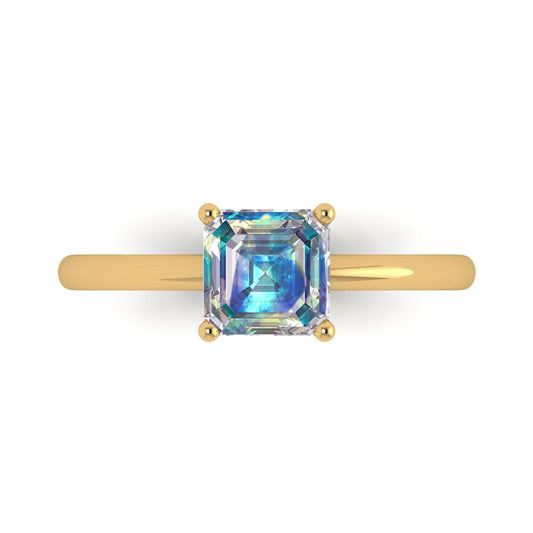 1 cttw Blue Moissanite Solitaire  Engagement Ring - Solid Yellow Gold (VVS1, Asscher Cut,6mm)