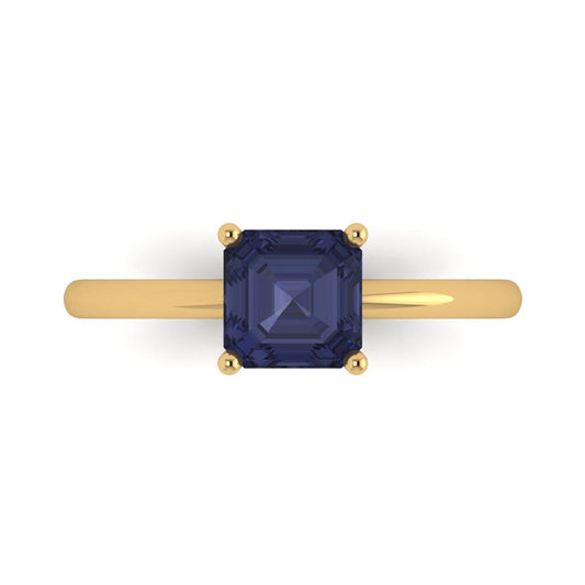 1 cttw Simulated Blue Sapphire Solitaire  Engagement Ring - Solid Yellow Gold (VVS1, Asscher Cut,6mm)