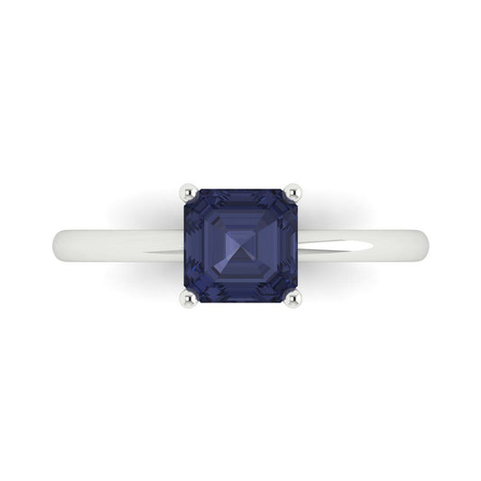 1 cttw Simulated Blue Sapphire Solitaire  Engagement Ring - Solid White Gold (VVS1, Asscher Cut,6mm)