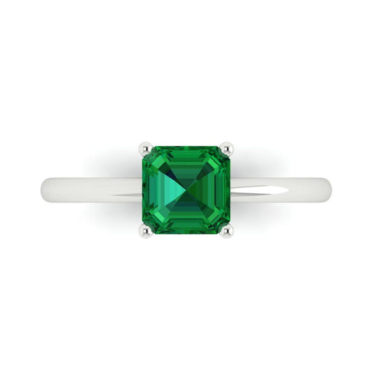 1 cttw Simulated Emerald Solitaire  Engagement Ring - Solid White Gold (VVS1, Asscher Cut,6mm)