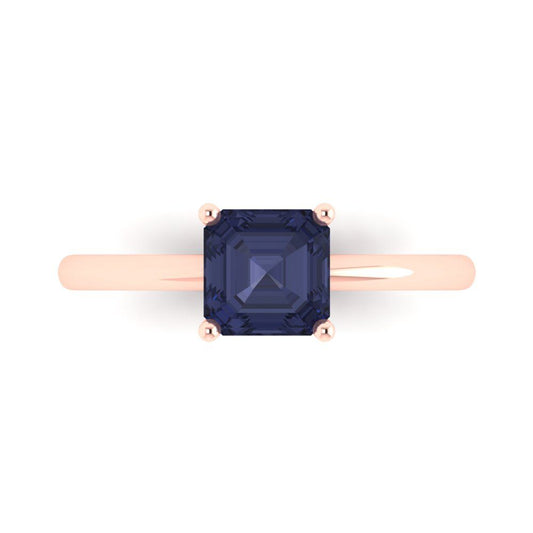 1 cttw Simulated Blue Sapphire Solitaire  Engagement Ring - Solid Rose Gold (VVS1, Asscher Cut,6mm)