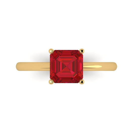 1.5 cttw Simulated Ruby Solitaire  Engagement Ring - Solid Yellow Gold (VVS1, Asscher Cut,6.5mm)