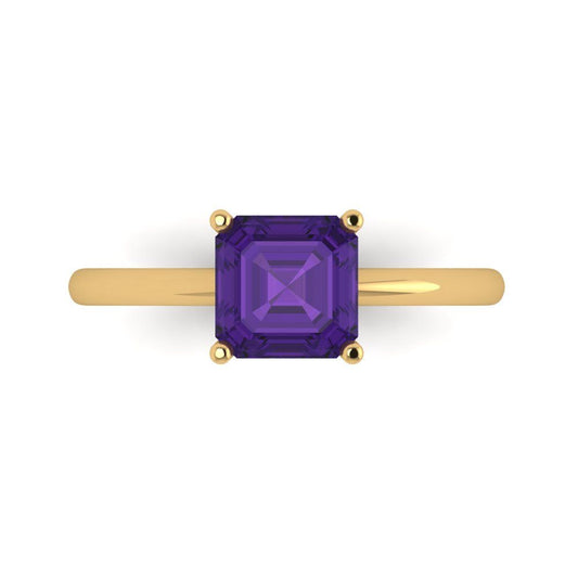1.5 cttw Natural Amethyst Solitaire  Engagement Ring - Solid Yellow Gold (VVS1, Asscher Cut,6.5mm)